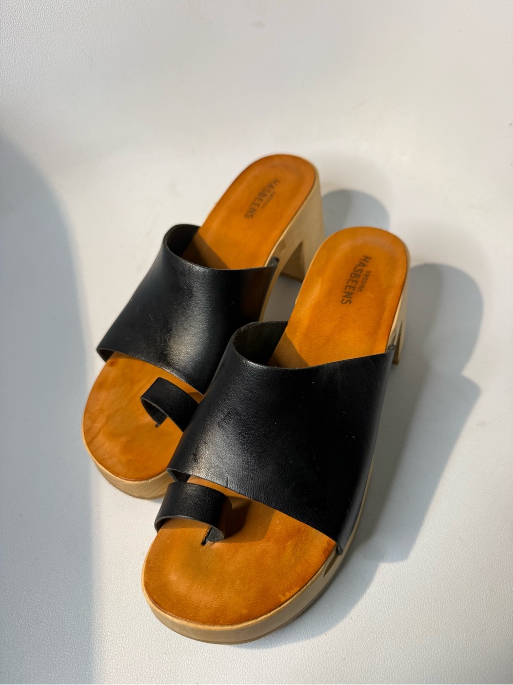 Swedish Hasbeens Black Leather Wood Clog Sandals EU 37Block Heel Sweden
